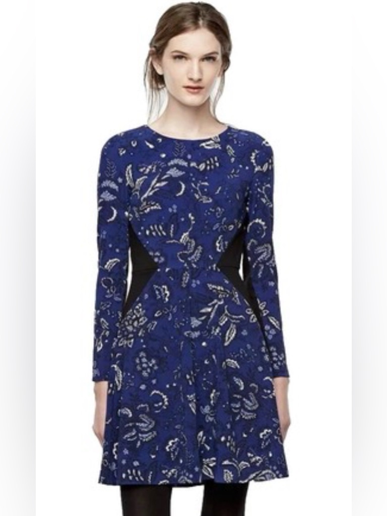 Thakoon Royal Blue Bandana Print Long-Sleeve Dress With Black Insets